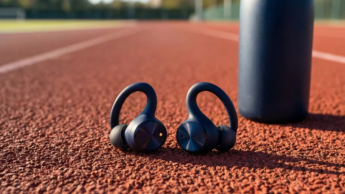 Auriculares inalámbricos con ganchos apoyados sobre una pista de atletismo junto a una botella
