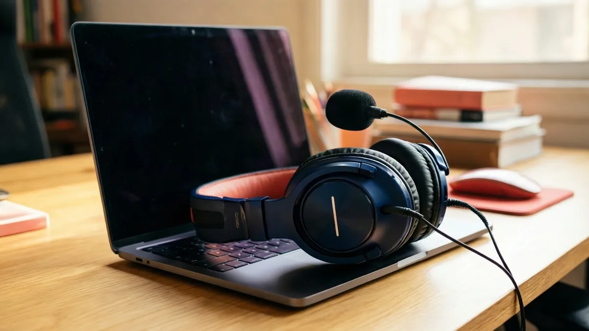 Auriculares de diadema con micrófono junto a un portátil sobre una mesa de madera