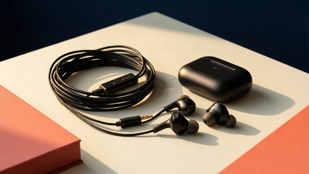 Auriculares con cable y auriculares inalámbricos con estuche sobre una superficie clara con acentos coral
