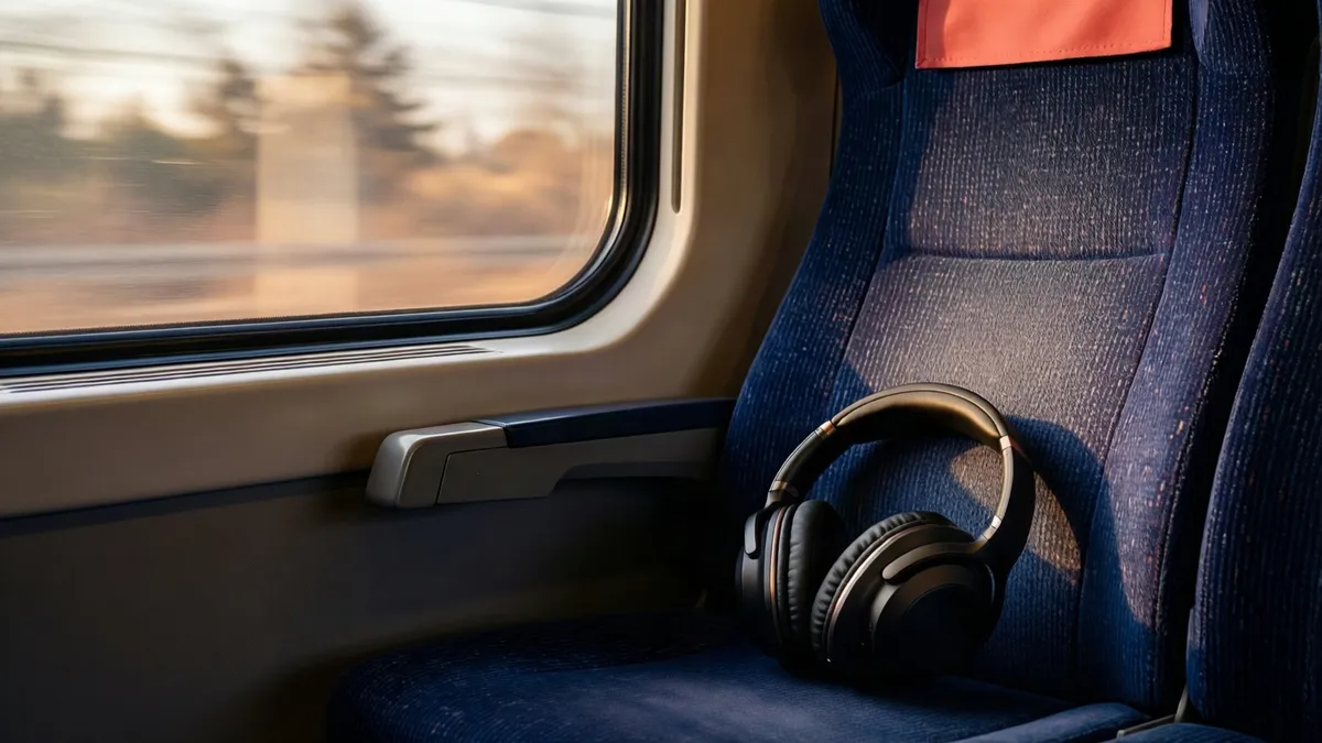 Auriculares de diadema sobre un asiento de tren junto a una ventanilla con paisaje desenfocado