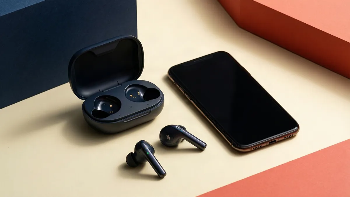 Auriculares inalámbricos, estuche abierto y móvil con pantalla apagada sobre una mesa clara