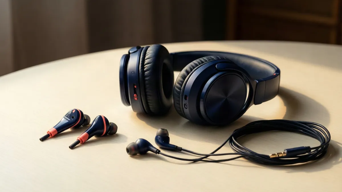Auriculares intrauriculares, de diadema y con cable dispuestos sobre una mesa clara